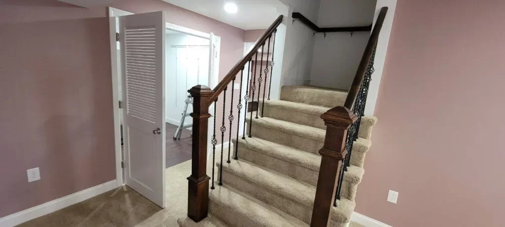 basement stair railing closeup
