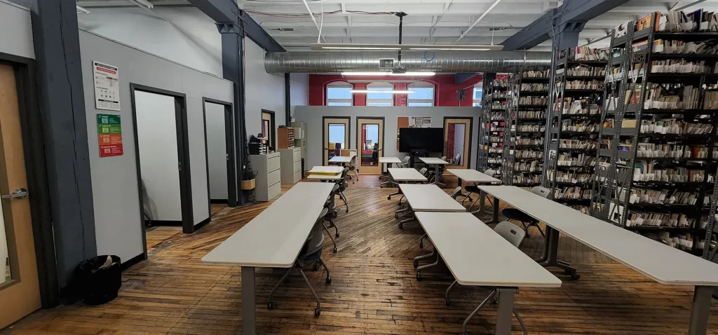 warehouse meeting tables and bookstore