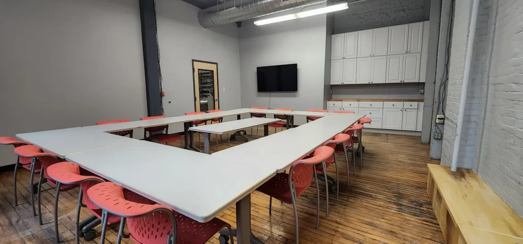 warehouse conference room with cabinets